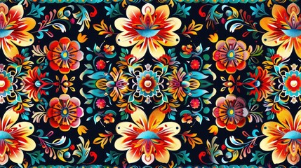 Wall Mural - Geometric border seamless motif in digital textile design with ethnic floral and ornamental decoration