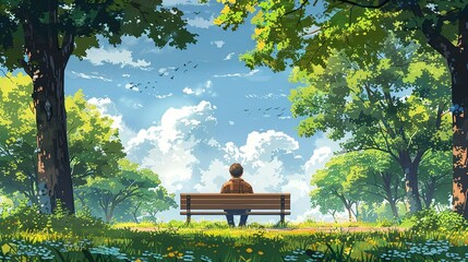 A man sitting on a park bench, surrounded by nature but looking lost in thought, depicting the feeling of being disconnected and isolated despite a peaceful environment. Illustration, Minimalism,