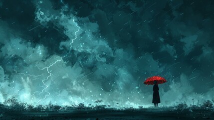 An artistic depiction of a stormy sky with lightning, above a person with an umbrella, representing the constant and unpredictable nature of mental health struggles. Illustration, Minimalism,