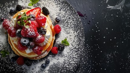 Sticker - A stack of pancakes topped with strawberries and blueberries on a plate. The perfect combination of sweet fruit and fluffy pancakes, a delicious breakfast choice AIG50