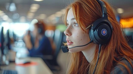 Wall Mural - A woman wearing a headset is talking on the phone. She is wearing a red headband