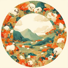 Wall Mural - Plane illustration, the center is Sheep horn pattern, surrounded by ruyi pattern, the edge is composed of back pattern, the whole is a suitable pattern