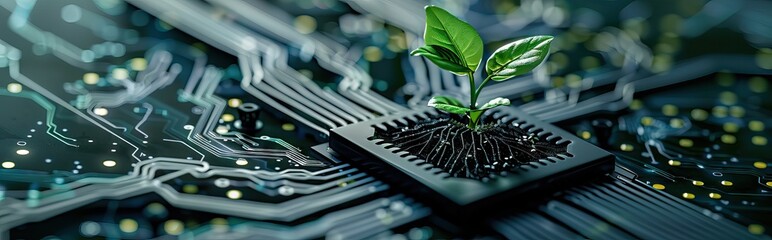 Wall Mural - Tree growing on the converging point of computer circuit board. Green computing, technology, IT, CSR, and IT ethics. Environment technology. AI generated illustration
