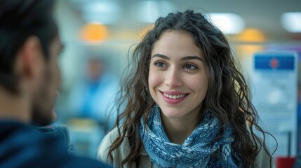 Wall Mural - A woman with long hair is smiling at a man. The man is looking at her with a smile