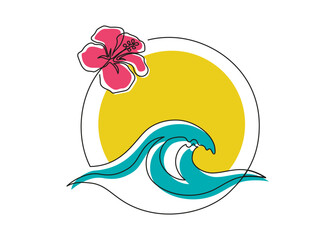 Aufkleber - One continuous Line drawing of sea wave and hibiscus flower. Modern abstract seascape and concept for surf club in simple linear style. Water pattern in editable stroke. Doodle vector illustration