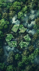 Canvas Print - Recycle symbol on the forest background . Ecological concept. Ecology. Recycle and Zero waste symbol in the untouched jungle for Sustainable environment. AI generated illustration