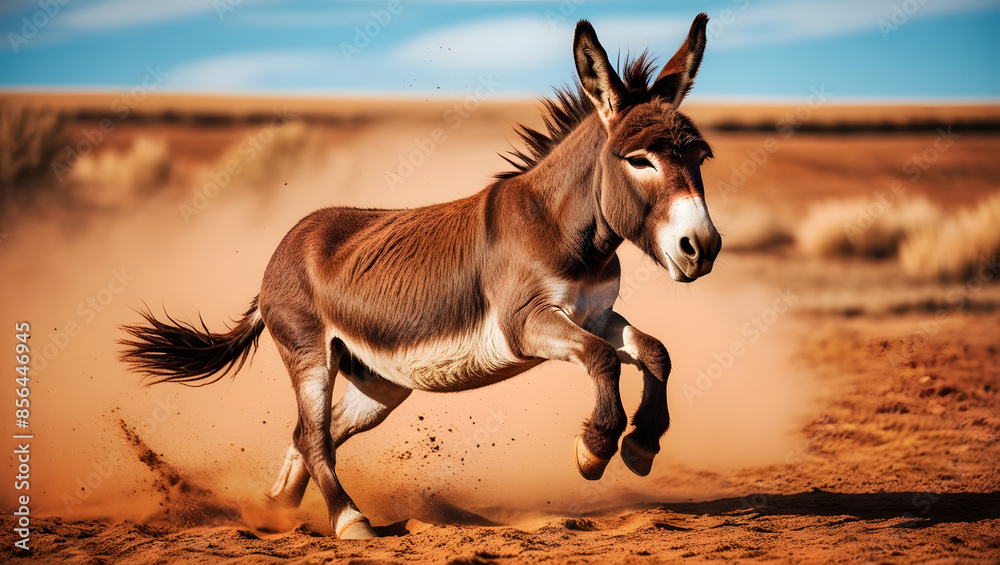 donkey kicking up dust as it moves swiftly across the arid landscape ...