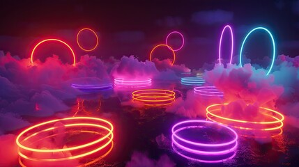 Lots of glowing and rotating colored neon ring lights stacked on top of each other to form the shape of clouds