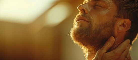 Wall Mural - A man with a beard is looking at the camera. He has a relaxed expression on his face