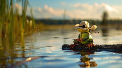 Wall Mural - lonely frog wearing cowboy hat fishing on the lake