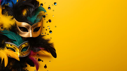 Venetian female mask carnival golden color splash art masquerade mardi gras banner copy space on yellow illustration