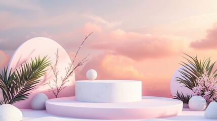 Wall Mural - Natural beauty podium backdrop for product display with dreamy sky background. Romantic