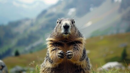 Wall Mural - Portrait of marmot. Cute sit up on its hind legs animal Marmot, Marmota marmota, nature habitat