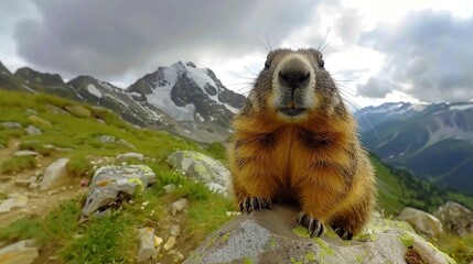 Portrait of marmot. Cute sit up on its hind legs animal Marmot, Marmota marmota, nature habitat