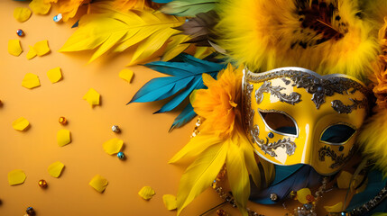 Venetian female mask carnival golden color splash art masquerade mardi gras banner copy space on yellow illustration