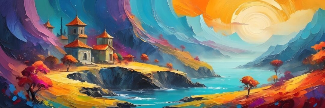 wide painting of a castle on a cliff overlooking a body of water with a sunset in the background and a colorful sky, oil painting, fantasy art.