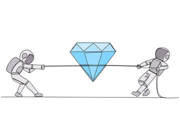 Poster - Continuous one line drawing two astronauts fighting over diamond. Fight for the expedition's most valuable asset. Failed to land on the moon. Lack of funds. Single line draw design vector illustration