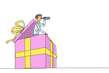Poster - single continuous line drawing businessman emerged from the gift box look for something through bino