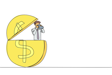 Poster - continuous one line drawing businessman emerges from dollar symbol coin look for something through b