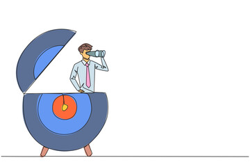 Poster - Single continuous line drawing businessman appears out of target arrow board looking for something through binoculars. Focus on objectives. Complete it one by one. One line design vector illustration