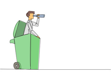 Poster - Continuous one line drawing businessman pops out of a wheeled bin look for something through binoculars. Importance of modernizing everything in business. Single line draw design vector illustration