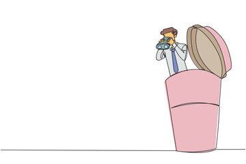 Poster - single one line drawing businessman emerges from a paper cup looking for something through binocular