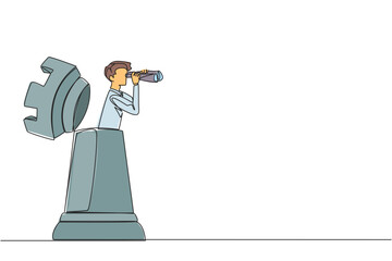 Poster - Single continuous line drawing businessman emerges from the rook chess piece looking for something through binoculars. Starting new challenge. Search new strategy. One line design vector illustration