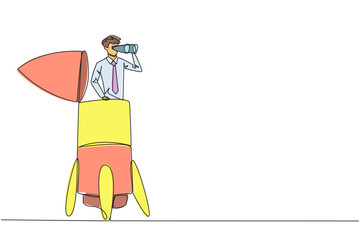 Poster - continuous one line drawing businessman emerges from the rocket looking for something through binocu