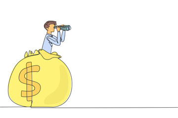 Poster - Single one line drawing businessman emerges from the money bag looking for something through binoculars. Share for the true happiness. A valuable legacy. Continuous line design graphic illustration