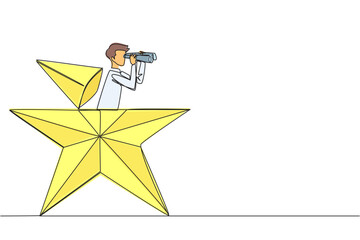 Poster - single continuous line drawing businessman emerging out of star shape look for something through bin