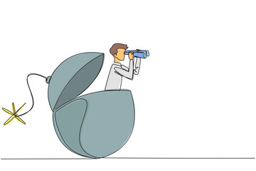 Poster - Continuous one line drawing businessman emerged from the bomb fuse burning, look for something through his binoculars. Receive dangerous alerts. Big risk. Single line draw design vector illustration