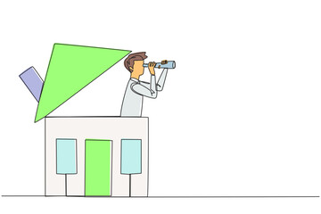 Poster - single one line drawing businessman appears out of miniature house look for something through binocu