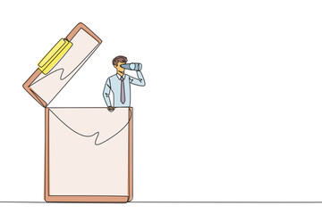Poster - Continuous one line drawing businessman appears out of the clipboard looking for something through binoculars. Agreement report. Promising contract draft. Single line draw design vector illustration
