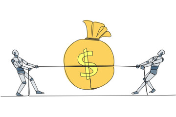 Poster - Single continuous line drawing two robots fighting over a money bag. Misunderstood artificial intelligence. Fighting over money that is not the rights. Technology. One line design vector illustration