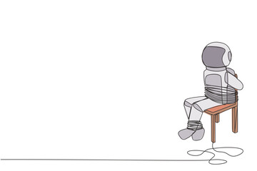 Poster - continuous one line drawing the young astronaut sits and helpless. investors' anger at the failure o