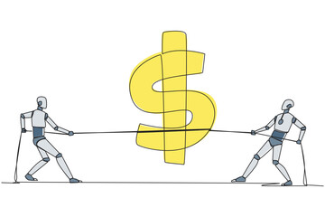 Poster - single one line drawing two robots fighting over dollar symbol. fighting for profit. keeping share v
