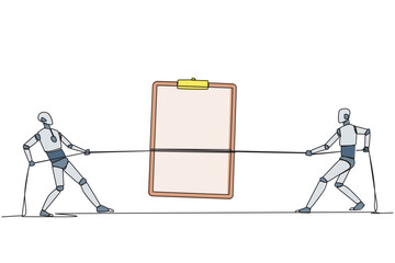 Poster - Single continuous line drawing two smart robots fighting over a clipboard. Battle like a cowboy. Compete to write a list of robot development needs. Future tech. One line design vector illustration