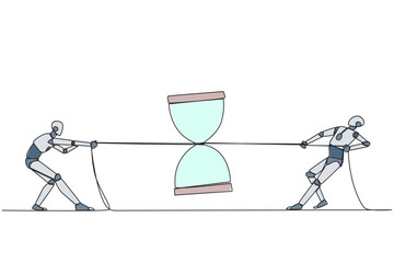 Poster - Single one line drawing two smart robots fighting over an hourglass. Beat each other to get the desired time. Time for test run. Future robotic development. Continuous line design graphic illustration