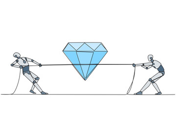 Poster - Single one line drawing two smart robots fighting over diamond. Fierce fights over jewelry finds have high resale value. Intelligent. Future technology. Continuous line design graphic illustration