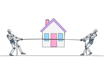 Poster - Continuous one line drawing two smart robots fight over a miniature house. Beat each other to get smart home. Complete features. Future robotic development. Single line draw design vector illustration