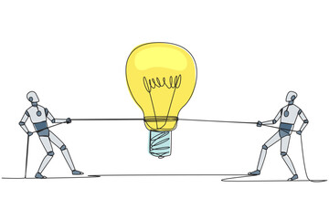 Poster - continuous one line drawing two robots fighting over lightbulb. fierce competition to find best solu