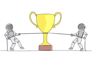 Poster - Continuous one line drawing two astronauts fighting for a trophy. Fierce battle to be the first to complete the expedition mission. Heading back to earth. Single line draw design vector illustration