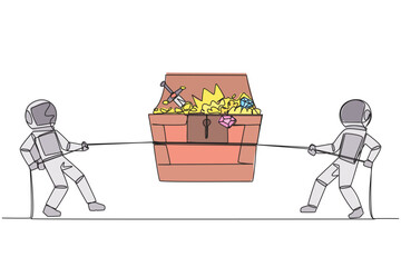 Poster - Single one line drawing two astronauts fight over an open treasure chest. Compete for the treasures left behind by the first expedition team on the moon. Continuous line design graphic illustration