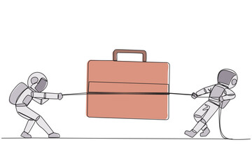 Poster - Single one line drawing two astronauts fighting over briefcase. Fighting for quotas for expedition trips to the moon. Cosmonaut deep space. Explore outer space. Continuous line graphic illustration