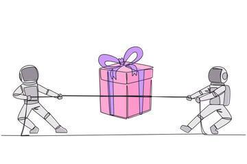 Poster - single continuous line drawing two astronauts fighting over a gift box. a fierce battle to bring sou