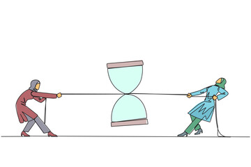Poster - Continuous one line drawing Arabian businesswomen fighting over hourglass. Fierce competition to get additional time for business expansion opportunities. Single line draw design vector illustration