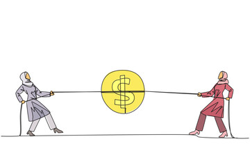 Poster - single continuous line drawing two arabian businesswomen fighting over coin with dollar symbol. comp