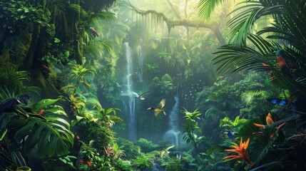 Wall Mural - A lush jungle with a waterfall and a red flower