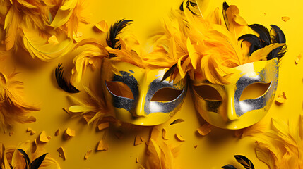 Venetian female mask carnival golden color splash art masquerade mardi gras banner copy space on yellow illustration