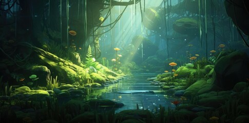 Wall Mural - animation background with fish and plants in the water
